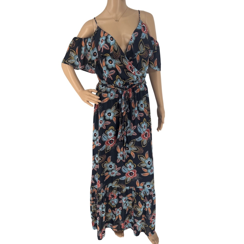 Ann Taylor Loft Floral Cold Shoulder Maxi Dress Navy Blue Large Wrap Tie Waist